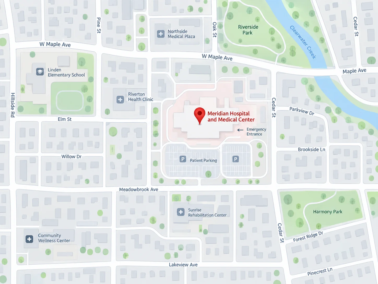 Google location map, Meridian Hospital and Medical Center